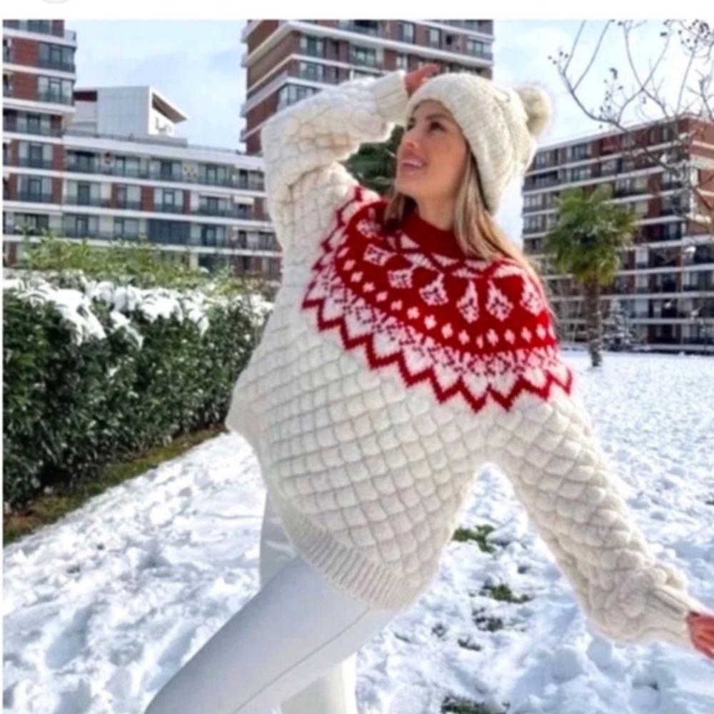 Elegant Red and White Patterned Sweater